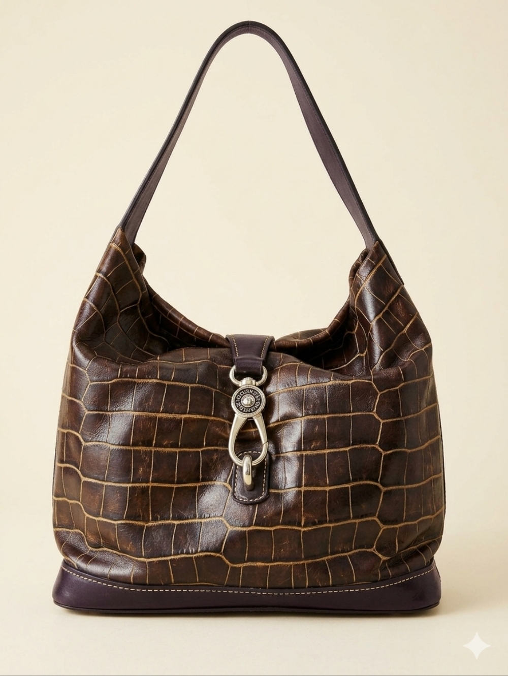 Dooney And Bourke Brown Croco Embossed Leather Lock Slouchy Hobo Bag